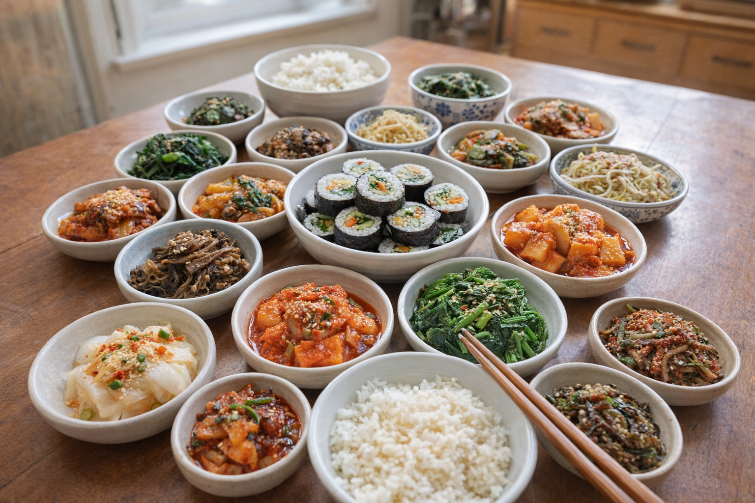 An overhead shot of a table laden with various colorful Korean banchan dishes in small bowls, including kimchi, seasoned vegetables, and rice rolls, with chopsticks resting on a bowl. Natural, bright lighting